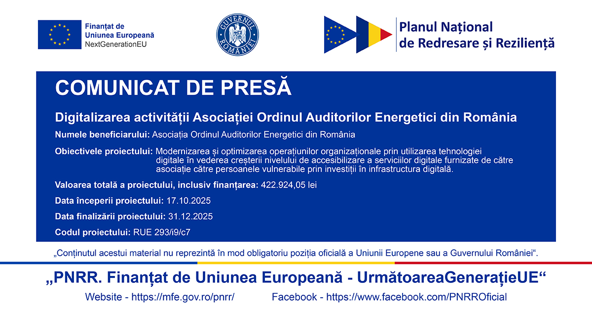 Comunicat de presă finalizare proiect „PNRR: Fonduri pentru România modernă și reformată!”